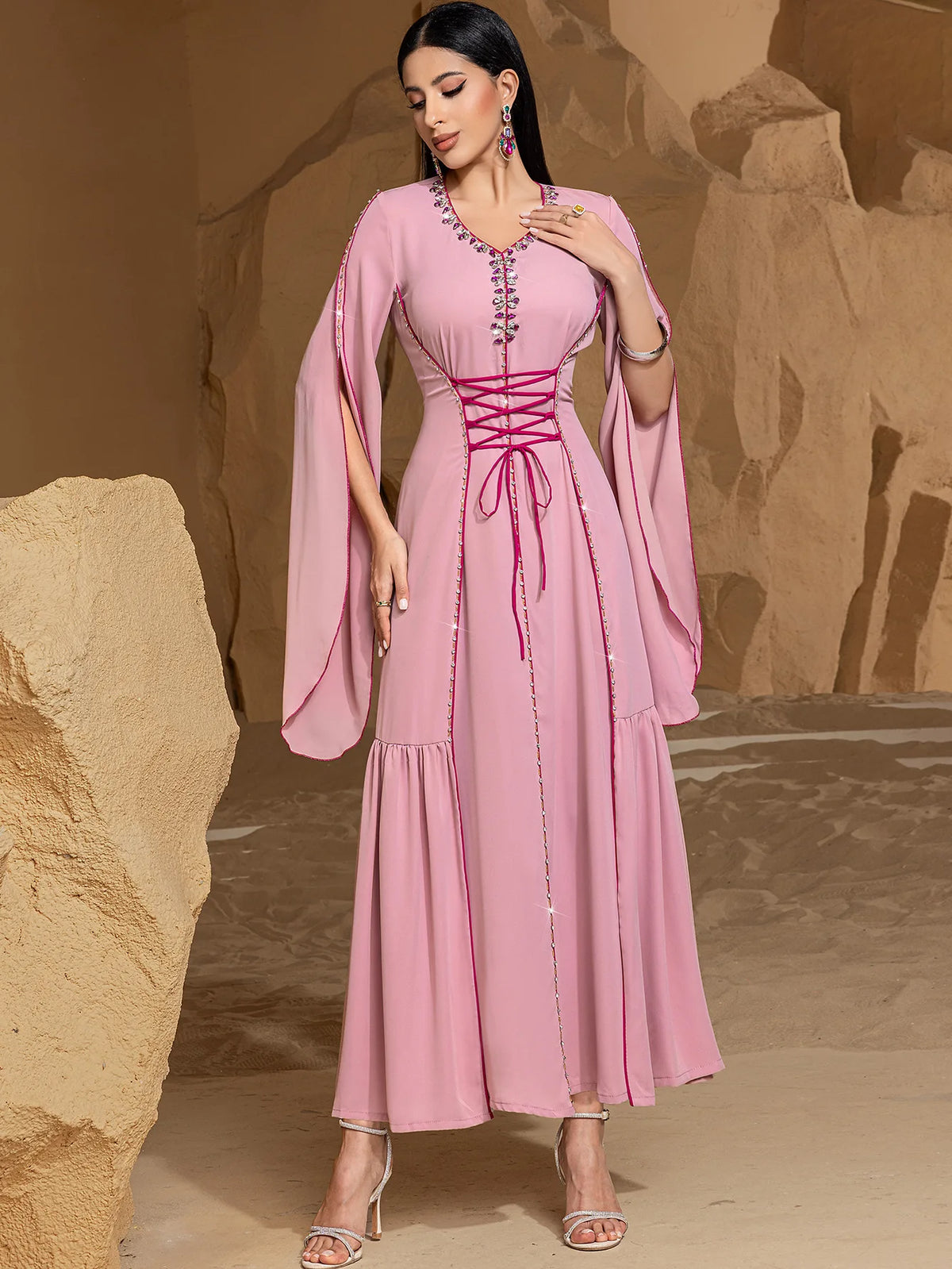 Diamond Embellished Moroccan Kaftan Maxi Dress for Women