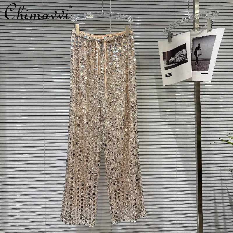 2026 Summer New Fashion Hot Girl Style Silver Sequin Tie-up Elastic Waist Pants - High Street Women's Versatile Casual Trousers