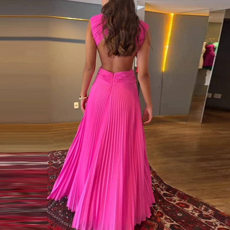 Elegant Backless Cross Pleated Maxi Dress for Women