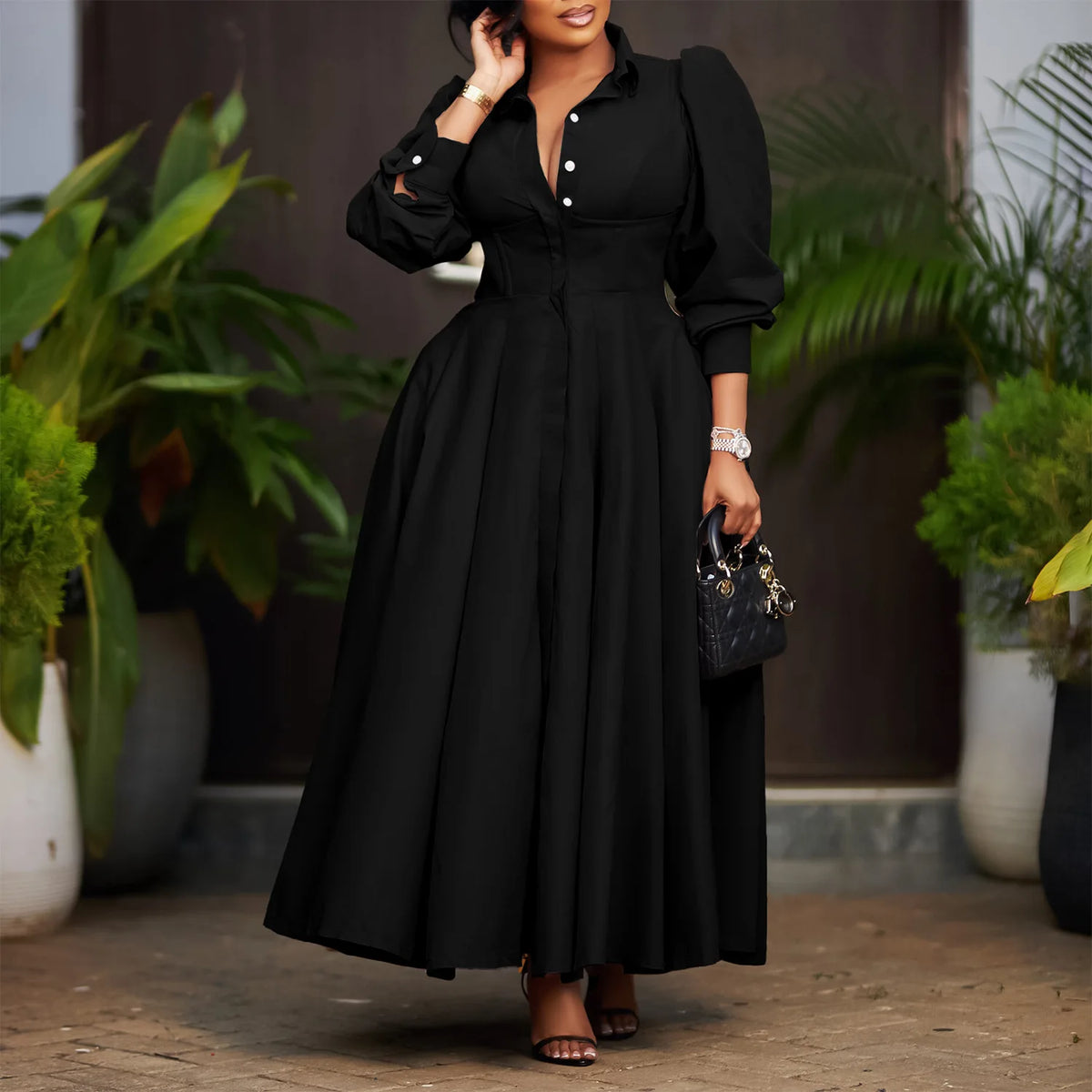 Plus Size V-Neck Long Sleeve Ankle-Length Dress for Women