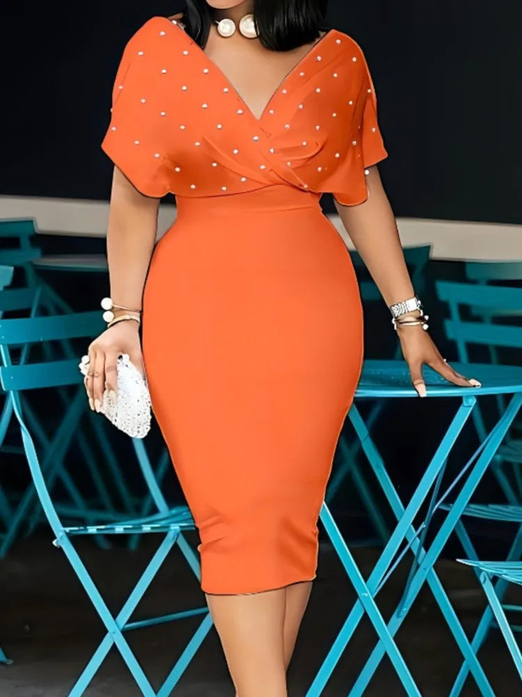 Elegant Solid V Neck Short Sleeve Knee Length Dress for Women