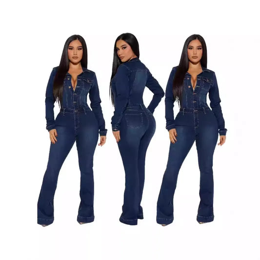 Women Fashion Solid Color Lapel Single-breasted Slim-fit Waist Long-sleeved Denim Jumpsuit Overall Pants