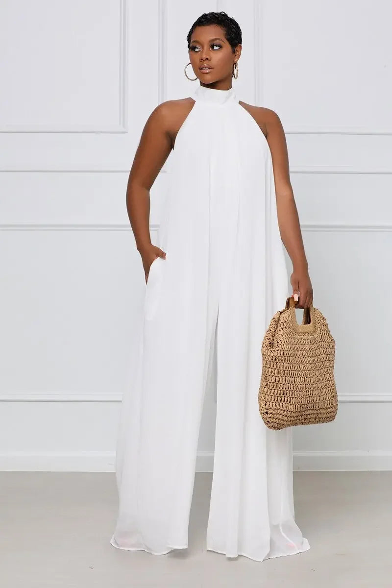 Loose Fit Solid Color Chiffon Ankle Length Jumpsuit for Women