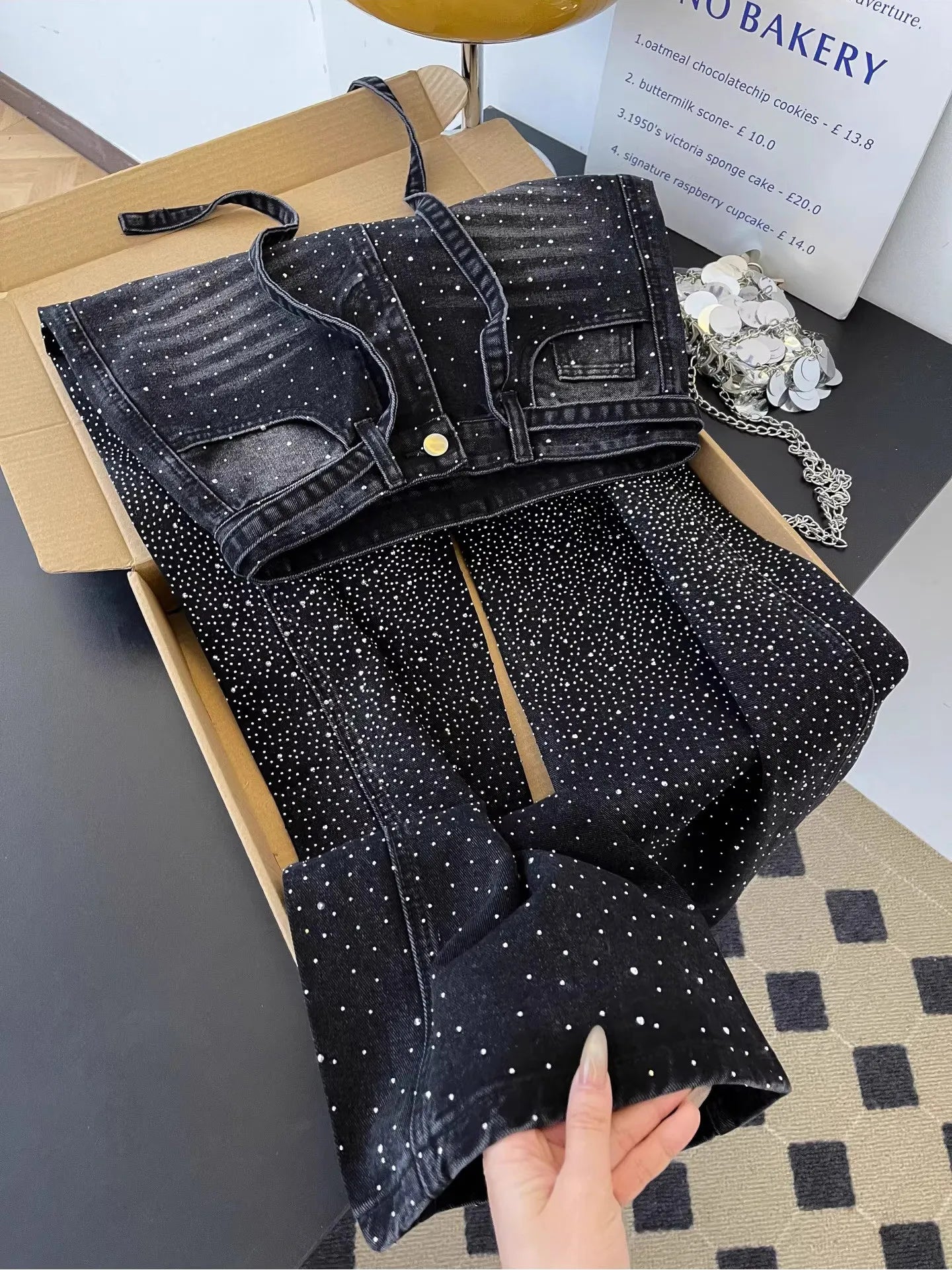 Glittering Rhinestone Wide Leg Denim Pants for Women