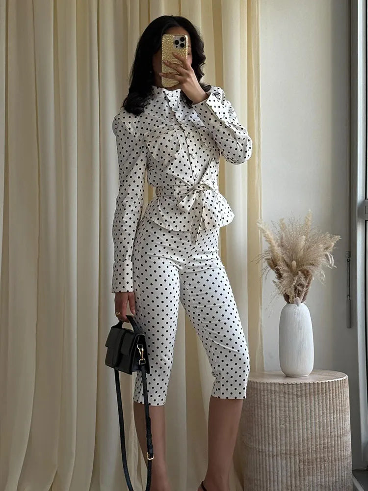 Polka Dot Shirt Jacket and Capri Pants Two Piece Set for Women