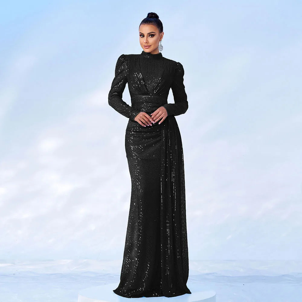 Elegant Sequined O-Neck Long Sleeve Floor Length Dress For Women