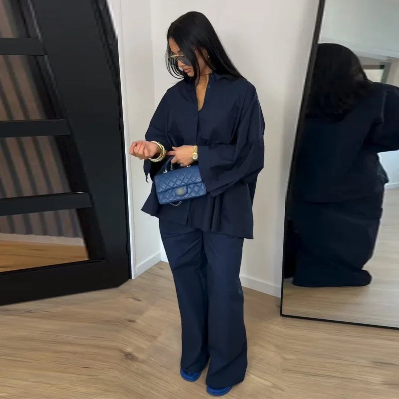 Casual Solid Shirt and Wide Leg Pants Set for Women