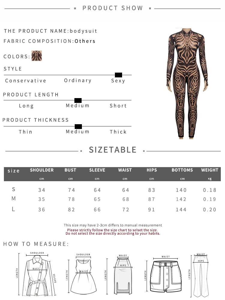 Nibber See Through Jumpsuit Women High Neck Vintage Print Long Sleeve Stretch Skinny Sexy Midnight Fashion Wild Street Outfits