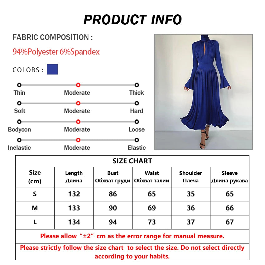 Oymimi Sexy Slim Blue Knitted Women'S Dress Fashion Turtleneck Long Sleeve Ankle Length Dress Elegant Pleated Hollow Out Dress