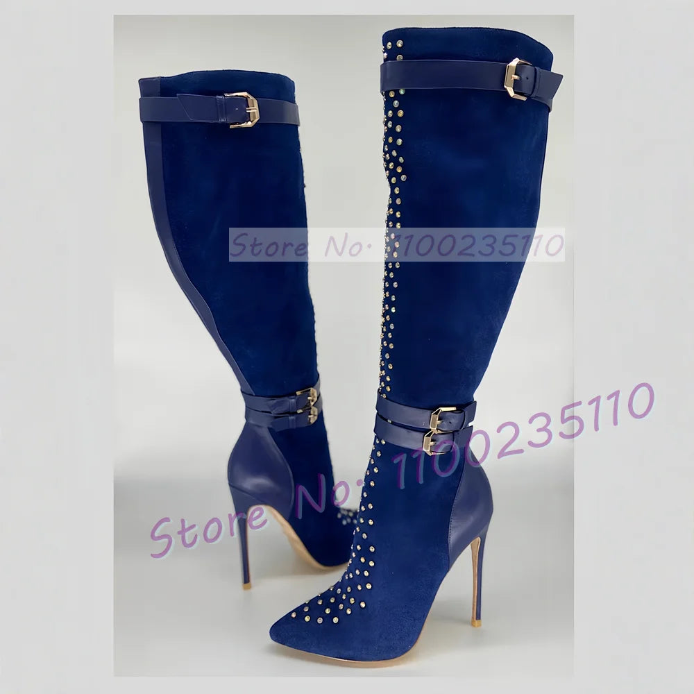 Crystal Embellished Pointed Toe Knee High Boots For Women