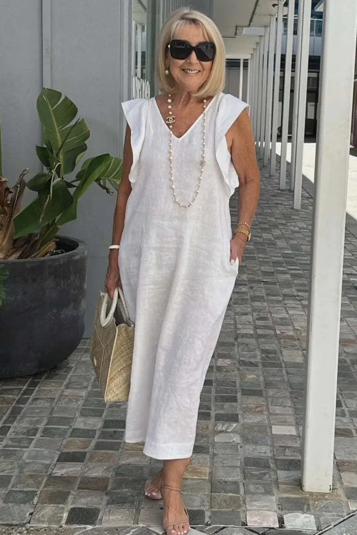 Back Tie Flutter Sleeve Casual Linen Dress for Women