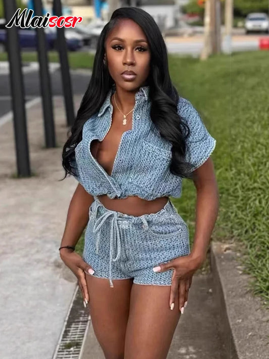 Mlaiscsr Fashion Blue Denim Splicing Shorts 2 Piece Sets Women Short Sleeve Crop Jacket and Short Pants Casual Streetwear Outfit