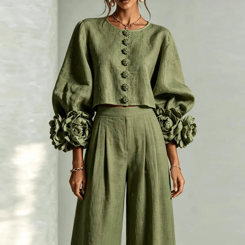 Puff Sleeve Floral Crop Top and Wide Leg Pants Set for Women