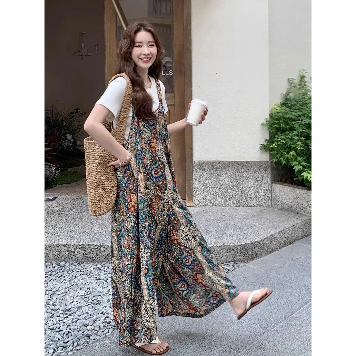 Vintage Bohemian Printed Wide Leg Casual Jumpsuit For Women