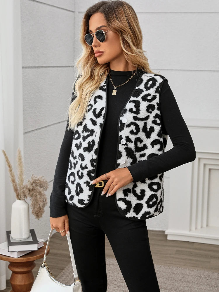 Women's French Autumn Clothing Leopard Print Teddy Vest Jacket Autumn Fashion Women's Jacket