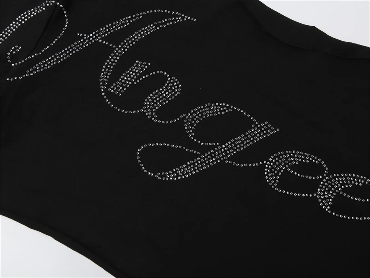Rhinestone Letter Off Shoulder Cropped Tee for Women