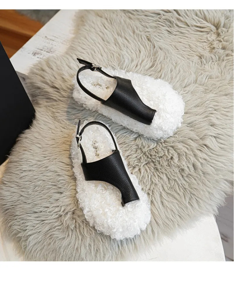 Cozy Plush Buckle Strap Flat Toe Slippers for Women