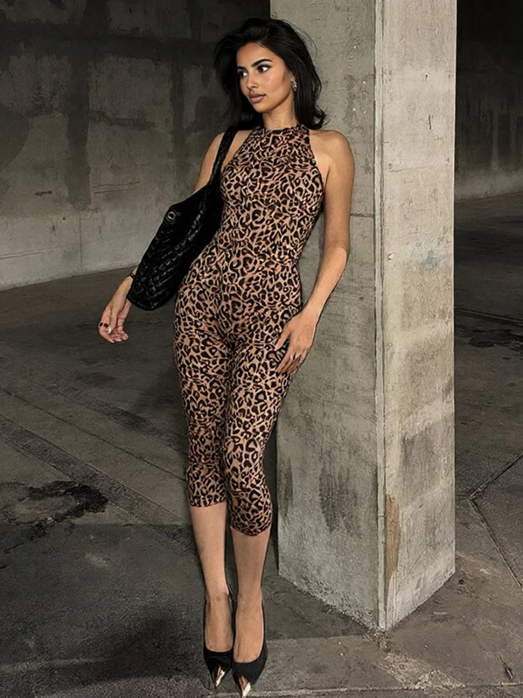 Leopard Print Backless Sleeveless Halter Romper for Women