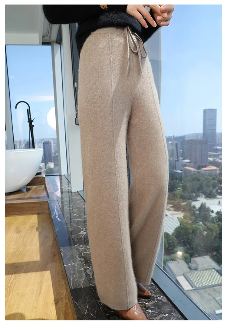 Elastic Waist Wide-Leg Knitted Cashmere Trousers for Women