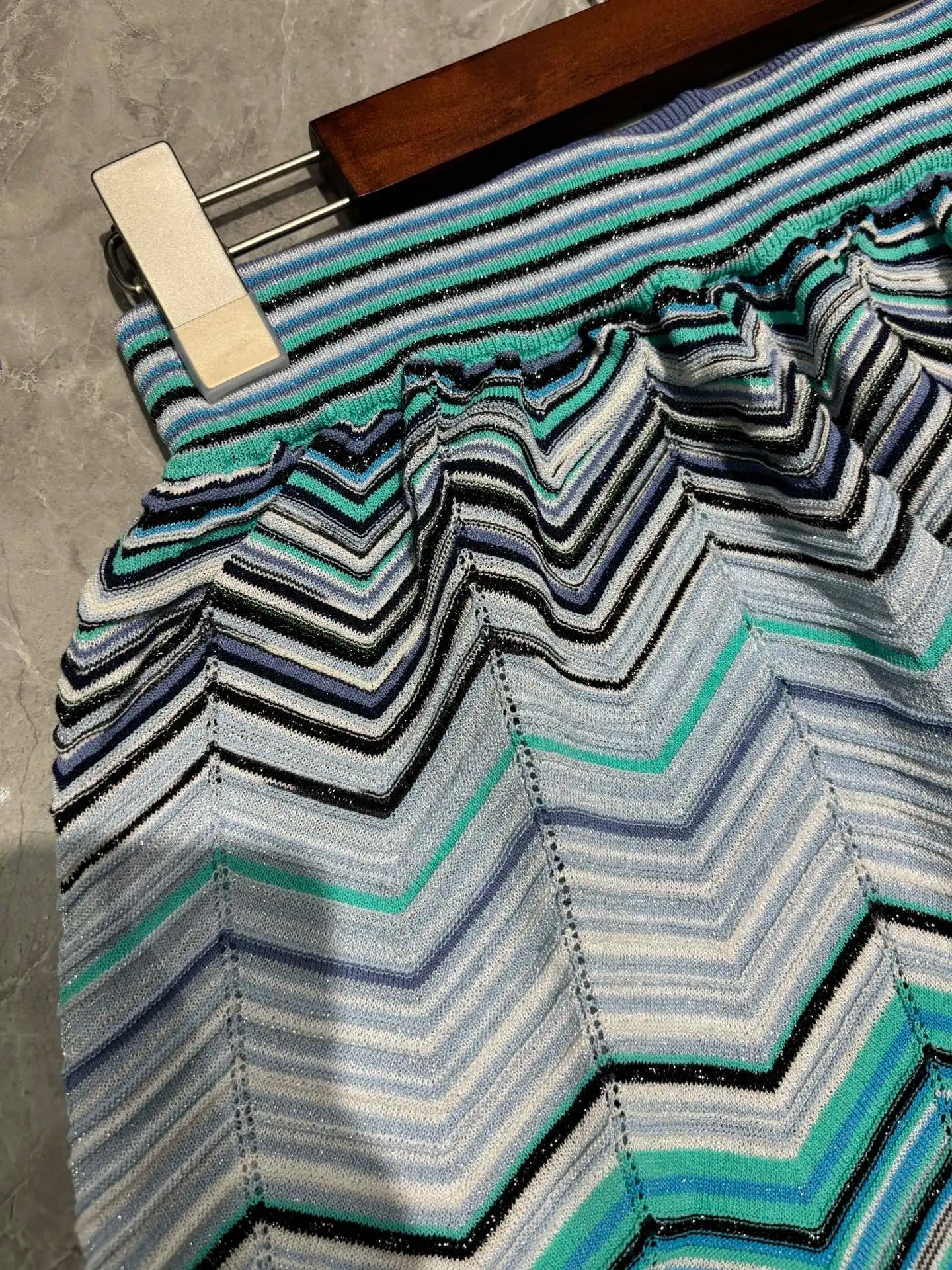 Blue Chevron Knit Sleeveless Top and Wide Leg Pants Two Piece Set for Women
