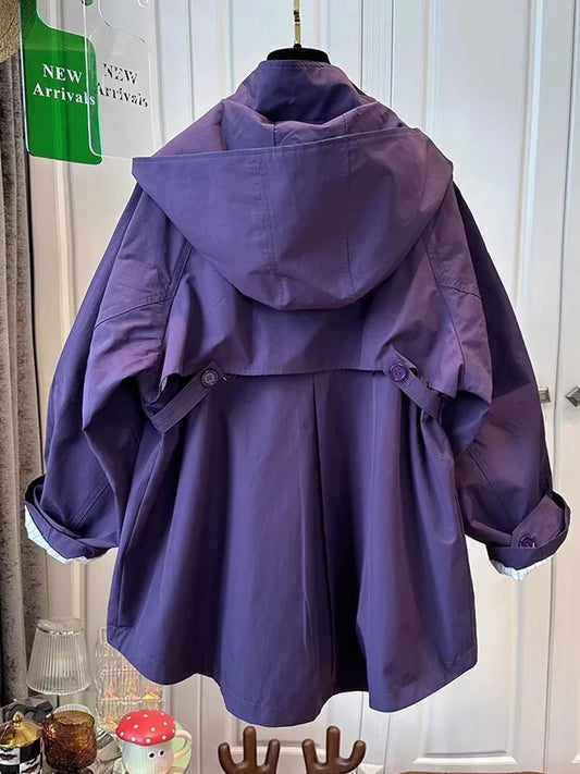 Fem Cotton Trench Coat For Women Casual And Versatile Loose And Slimming Autumn Simple Hooded Long Jacket For Women Windbreaker
