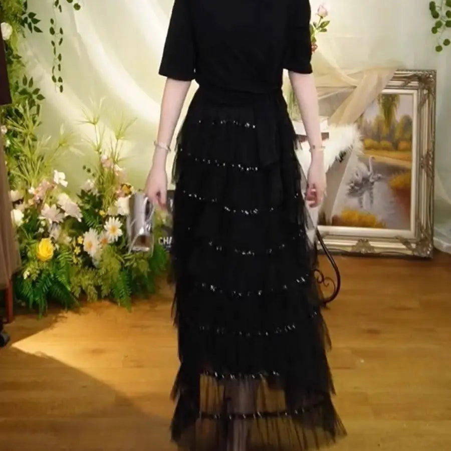 Sequin Layered Mesh High Waist A Line Party Skirt For Women