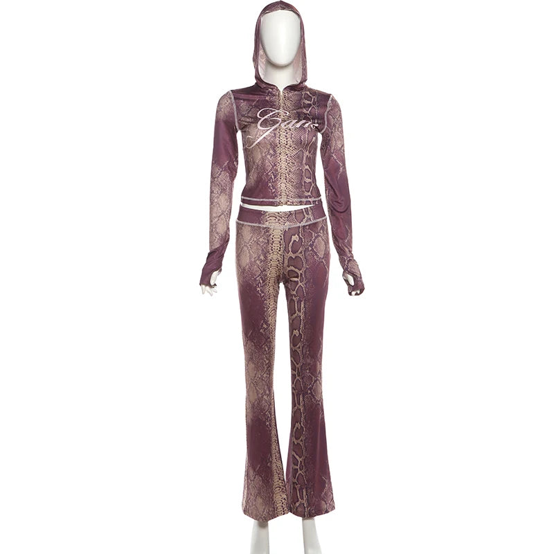 Snake Print Zip Jacket and Pants Two Piece Set for Women