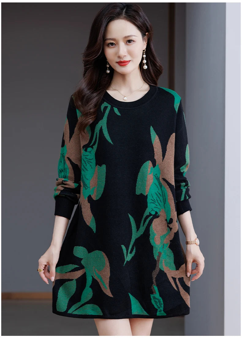 Print Sweater Dress Woman 2025 Autumn Winter Pullover Femme Women Clothing Long Sleeve Top Casual Long Knitwear Sweaters