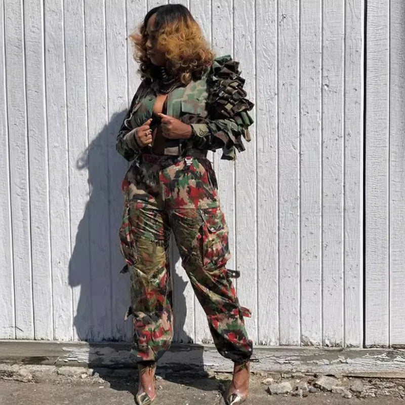 Cascading Ruffled Camouflage Crop Jacket for Women