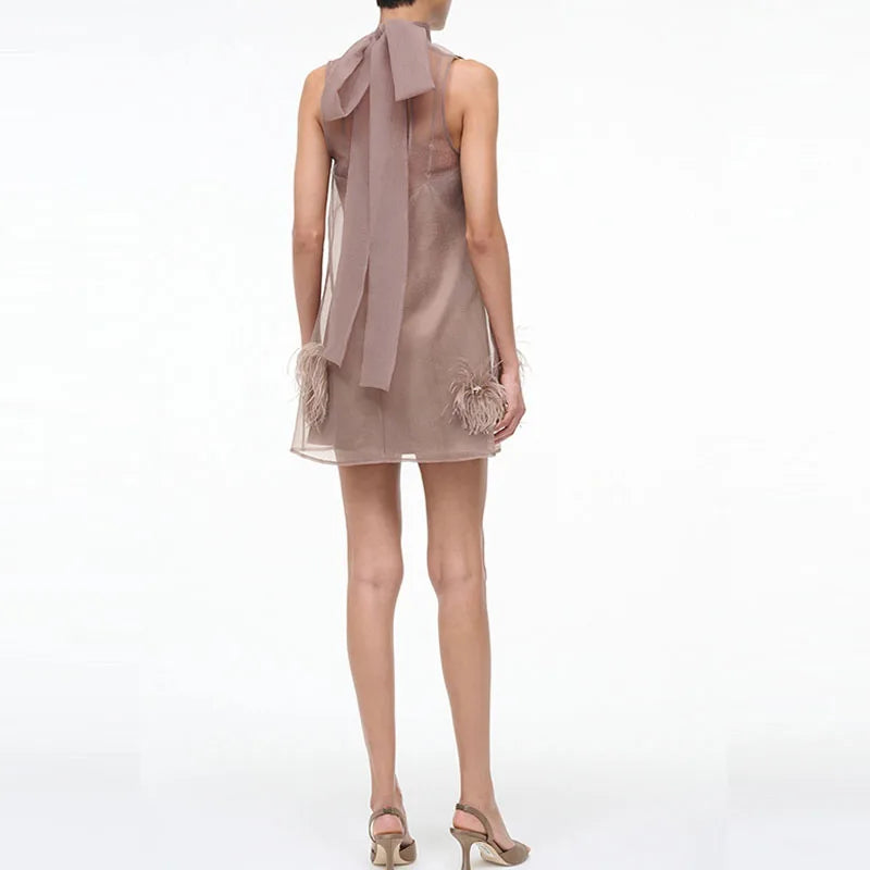 Women Casual Stand Collar Sleeveless Vest Dress Sexy Bow Tie Up Solid Color A-line Dress Elegant Tassel Patchwork Banquet Dress