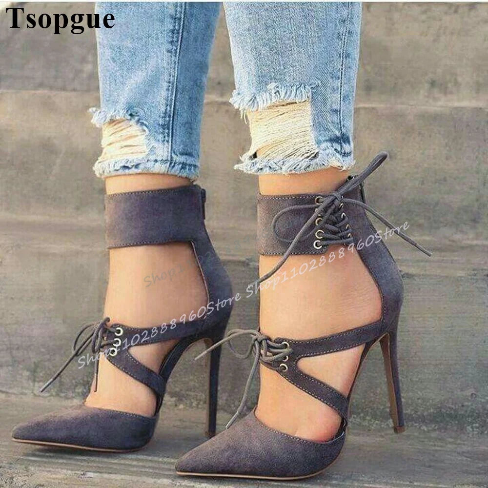 Stylish Pink Flock Cross Tied Sandals Thin High Heel Shoes For Women Back Zipper Pointed Toe 2025 Fashion Zapatos Para Mujere