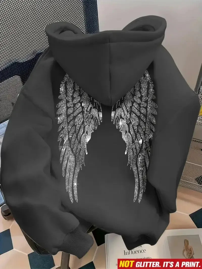 Wing Print Rhinestone Long Sleeve Pullover Hoodie for Women