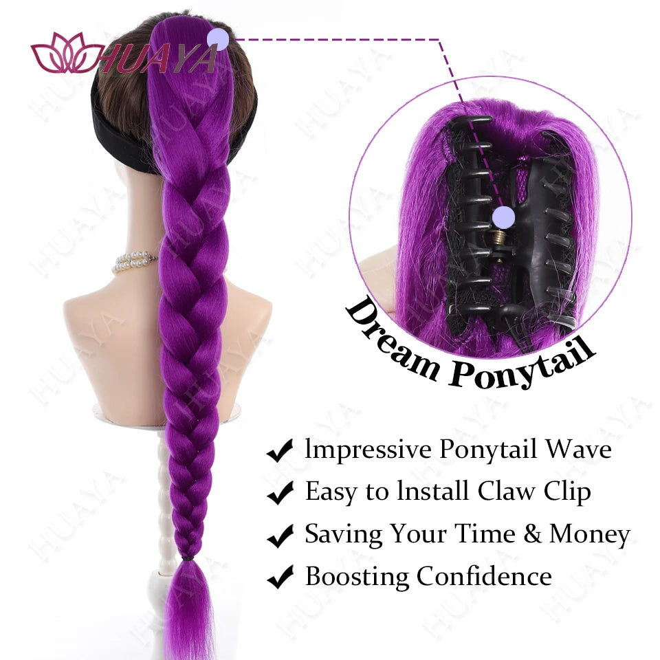 Purple Braided Clip In Synthetic Ponytail Extensions For Women
