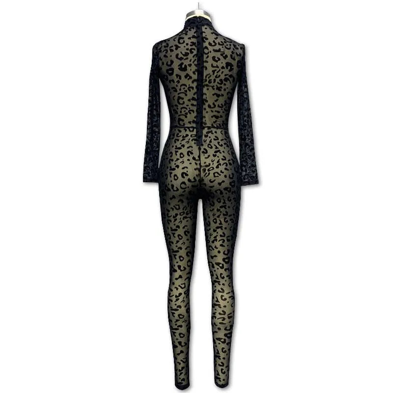 Slim Fit Sheer Leopard Mesh Full Length Jumpsuit for Women