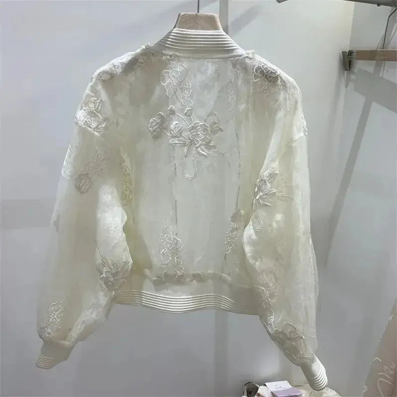 Bead Embroidered Round Neck Baseball Jacket For Women