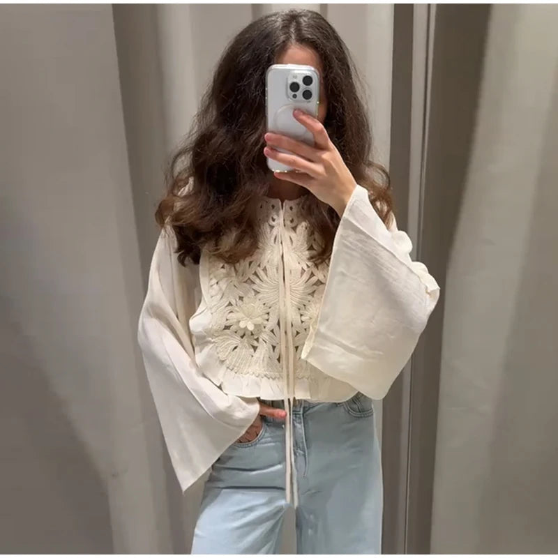 Floral Hollow Embroidery Mini Skirt Sets Women 2 Pieces Flare Sleeved Women Suit Casual Two Piece Set Summer Women Outfit