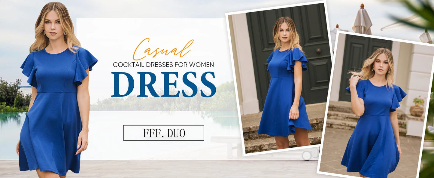 Summer 2025 Women's Dresses Elegant Vintage Ruffle Sleeve Flared A Line Swing Round-Neck Casual Party Cocktail Dress Women Cloth