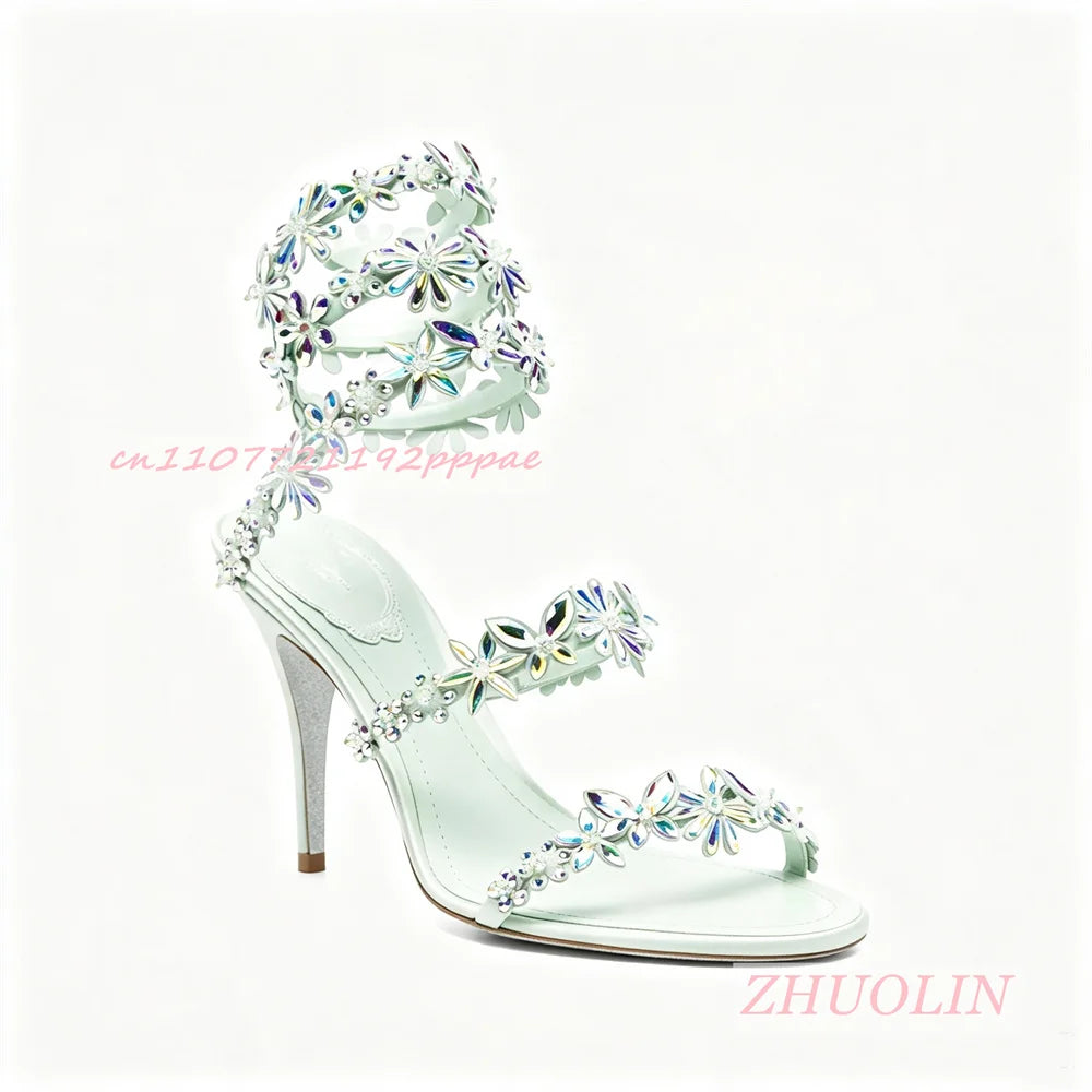 Rhinestone Floral Open Toe Stiletto Wedding Sandals for Women