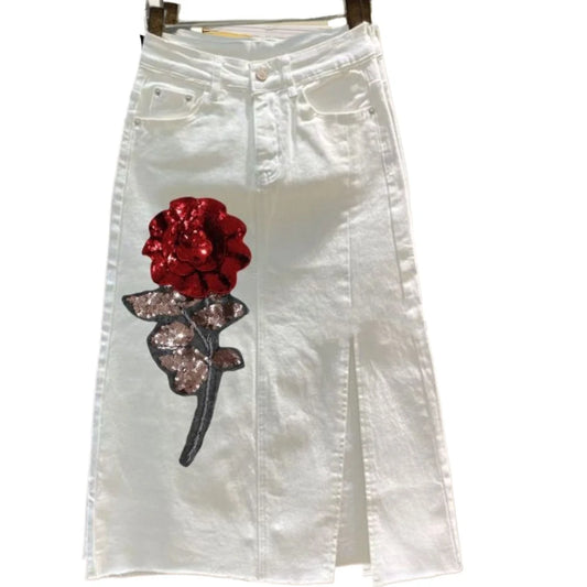 Women's Denim Skirt New Chinese Style Rose Denim Skirt High Waisted Elastic Slim Fit Personality Mid Length Skirt