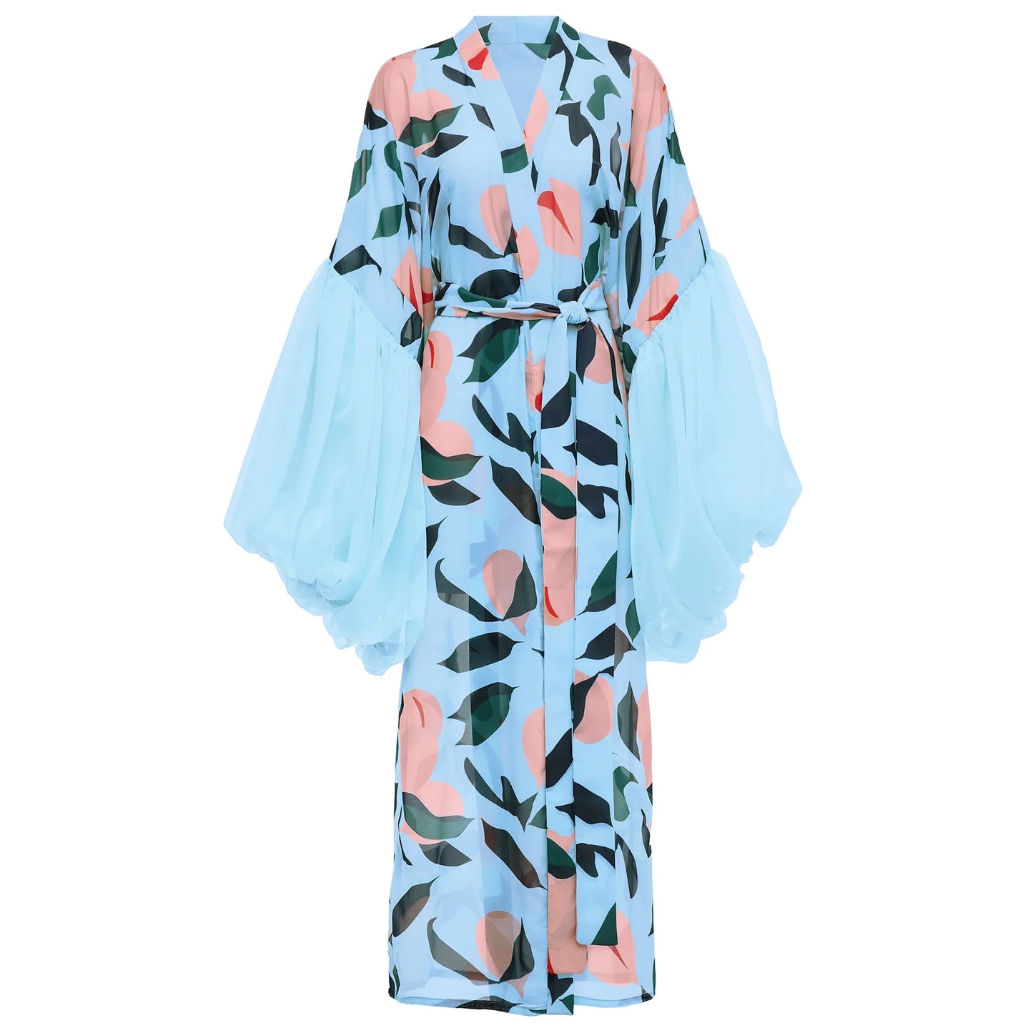 Vintage Floral Printed Chiffon Long Cardigan With Ruffle Sleeves for Women