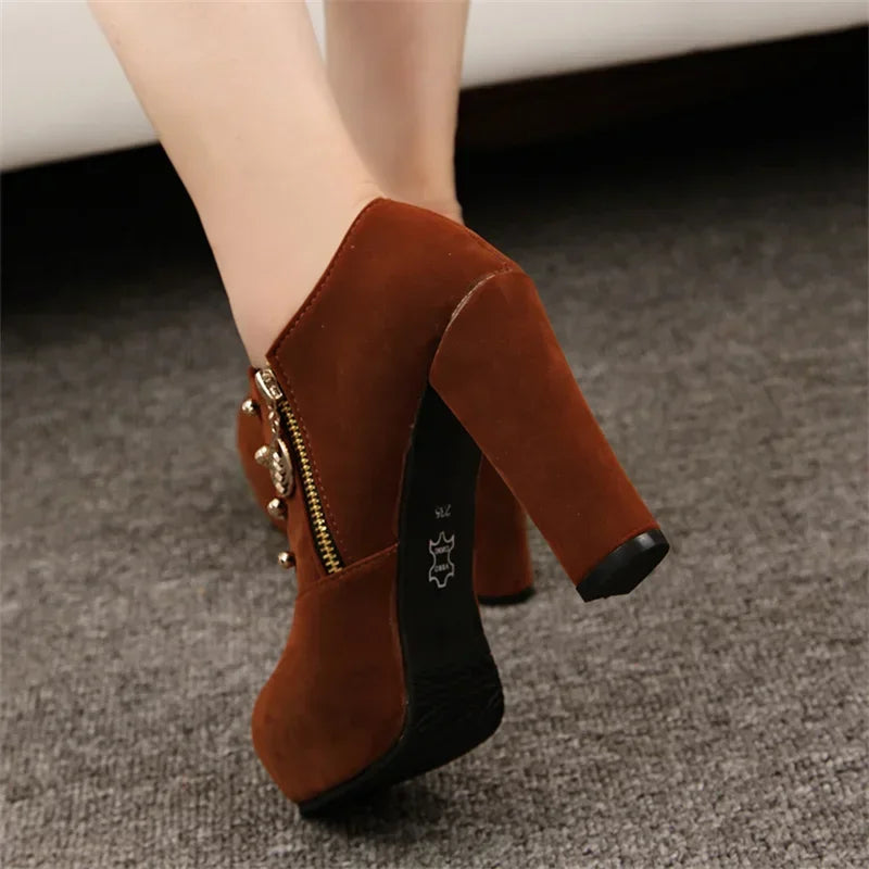 Elegant Lace Up Zip Square Heel Ankle Boots For Women