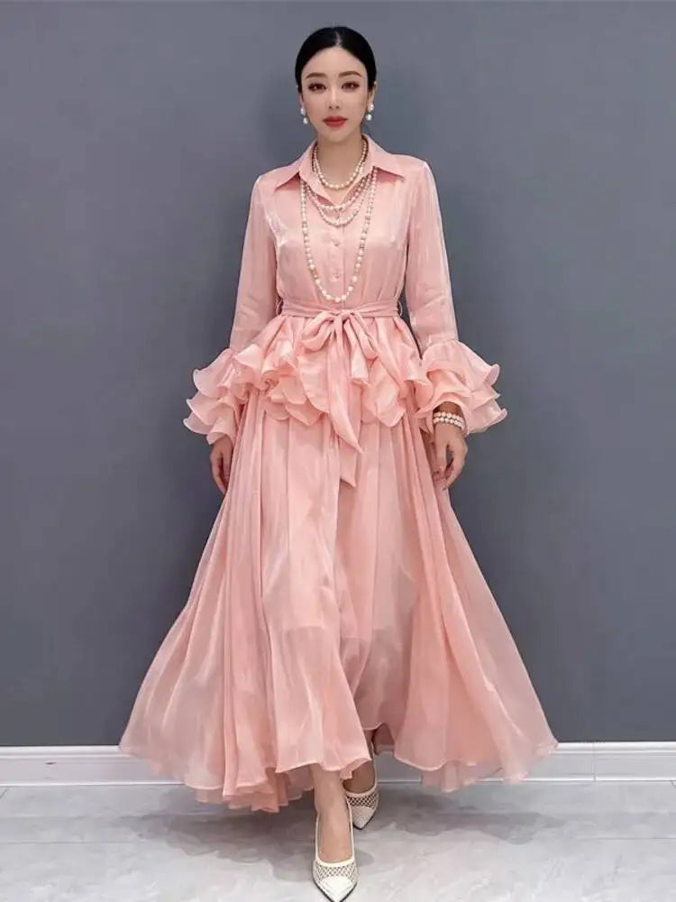 Belted Flare Sleeve Two Piece Set