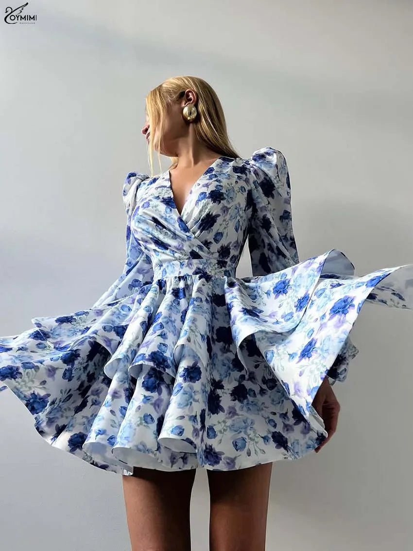 Oymimi Fashion Blue Print Womens Dresses Elegant V-Neck Long Sleeve Zipper Dresses Casual High Waist Pleated Mini Dress Female