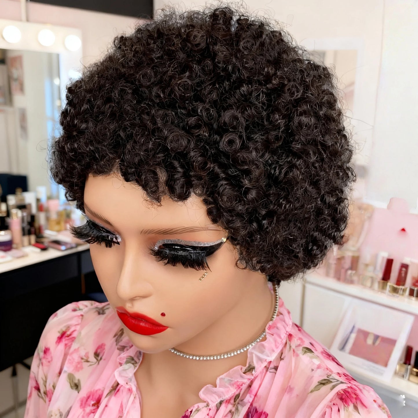 Delicate Natural Short Curly Wig With Bangs For Women