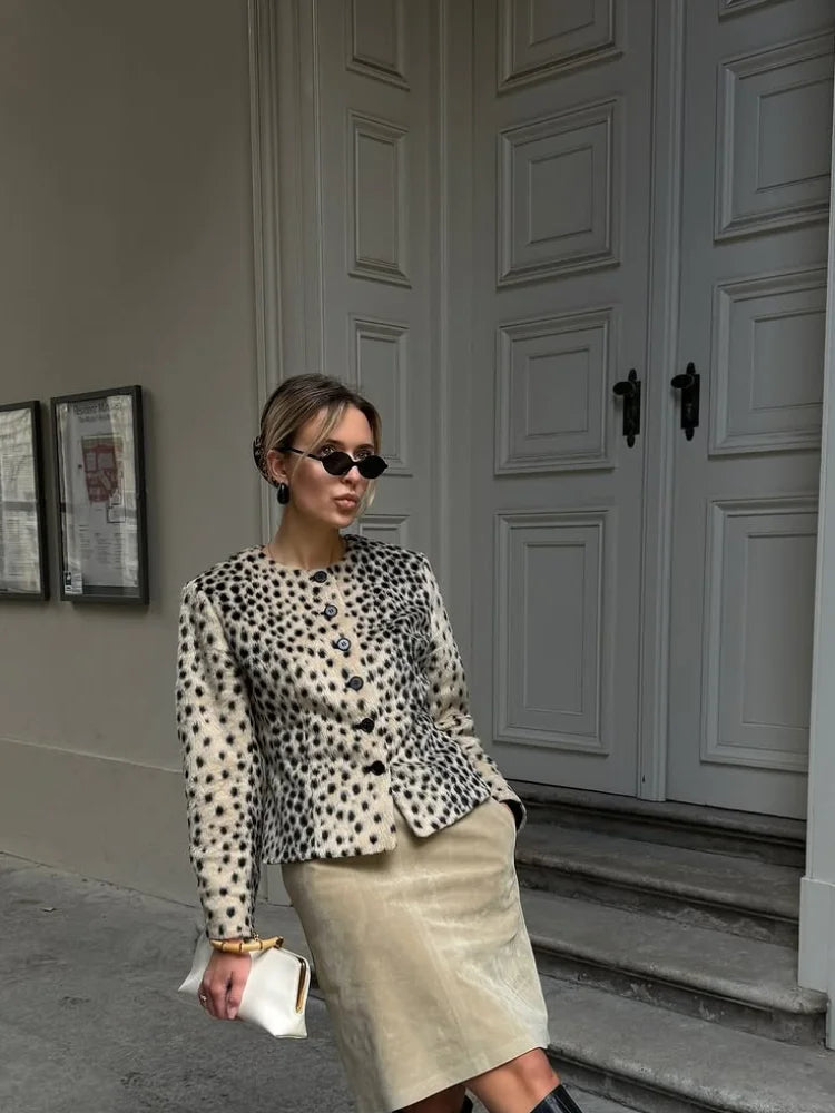 Leopard Print Faux Fur Single Breasted Crop Jacket for Women