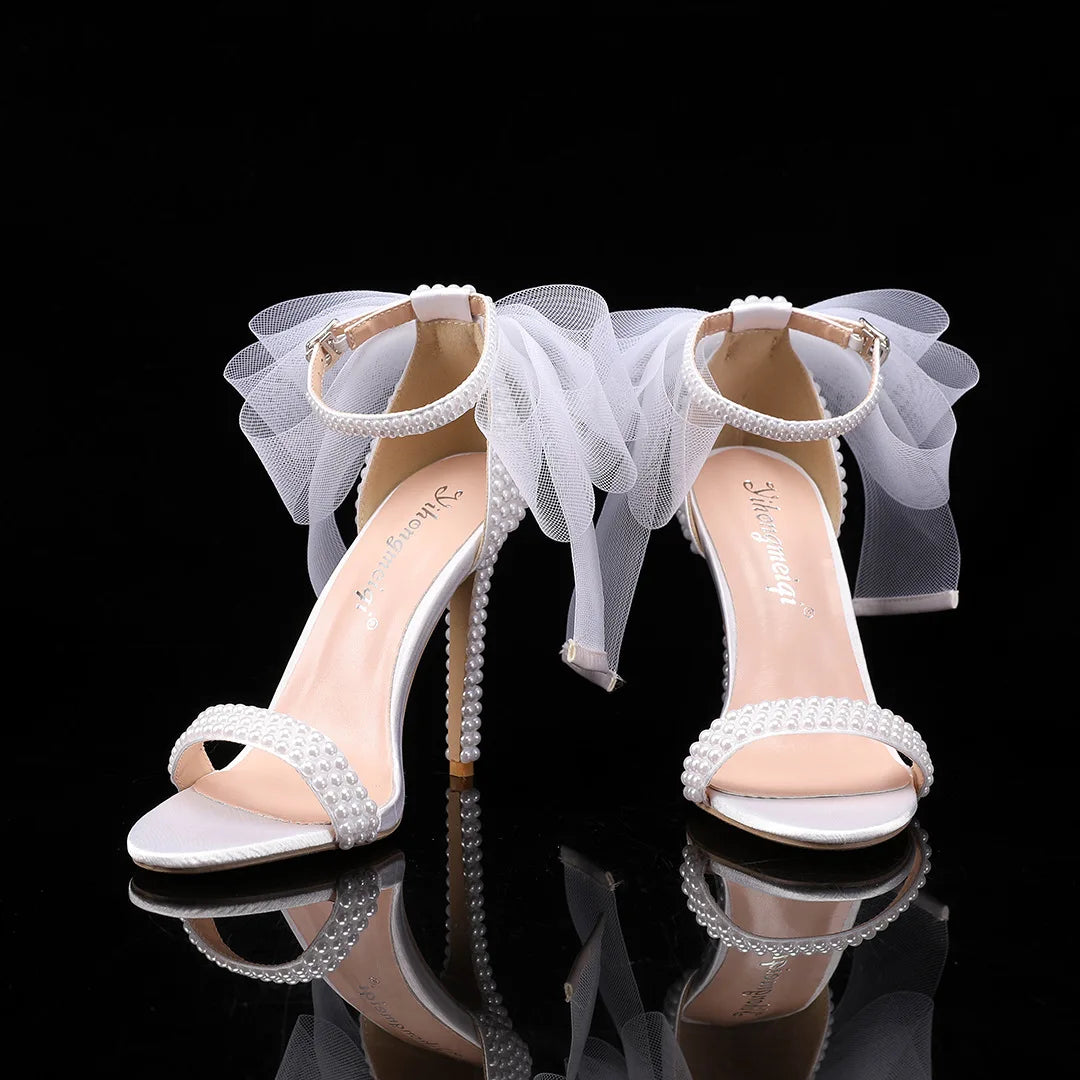 Elegant Pearl Beaded Mesh Bowknot Sandals for Women