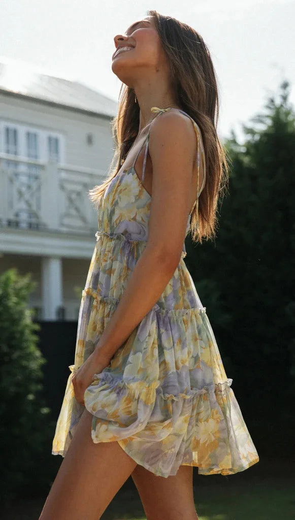 Vintage Print Chiffon Backless Summer Midi Dress For Women