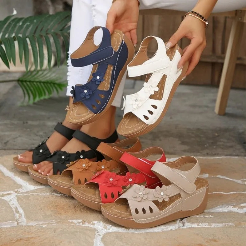 Modern Floral Buckle Wedge Sandals