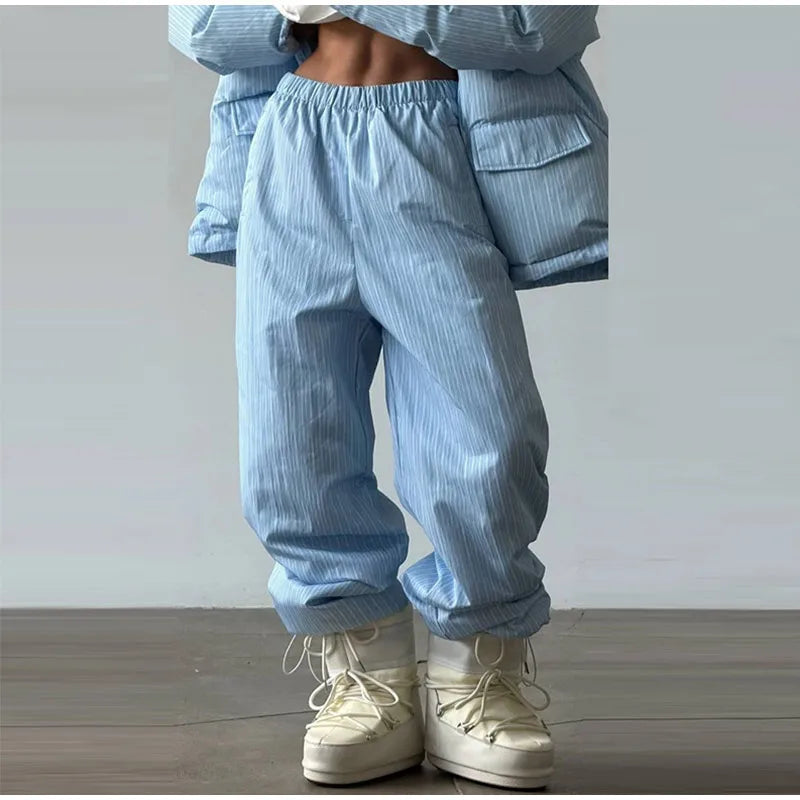 Striped Hooded Puffer Jacket and Wide Leg Pants Set for Women