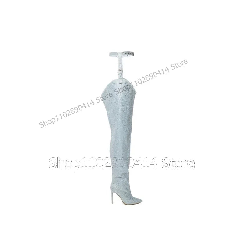 Light Blue Glitter Pointed Toe Stiletto Thigh High Boots For Women